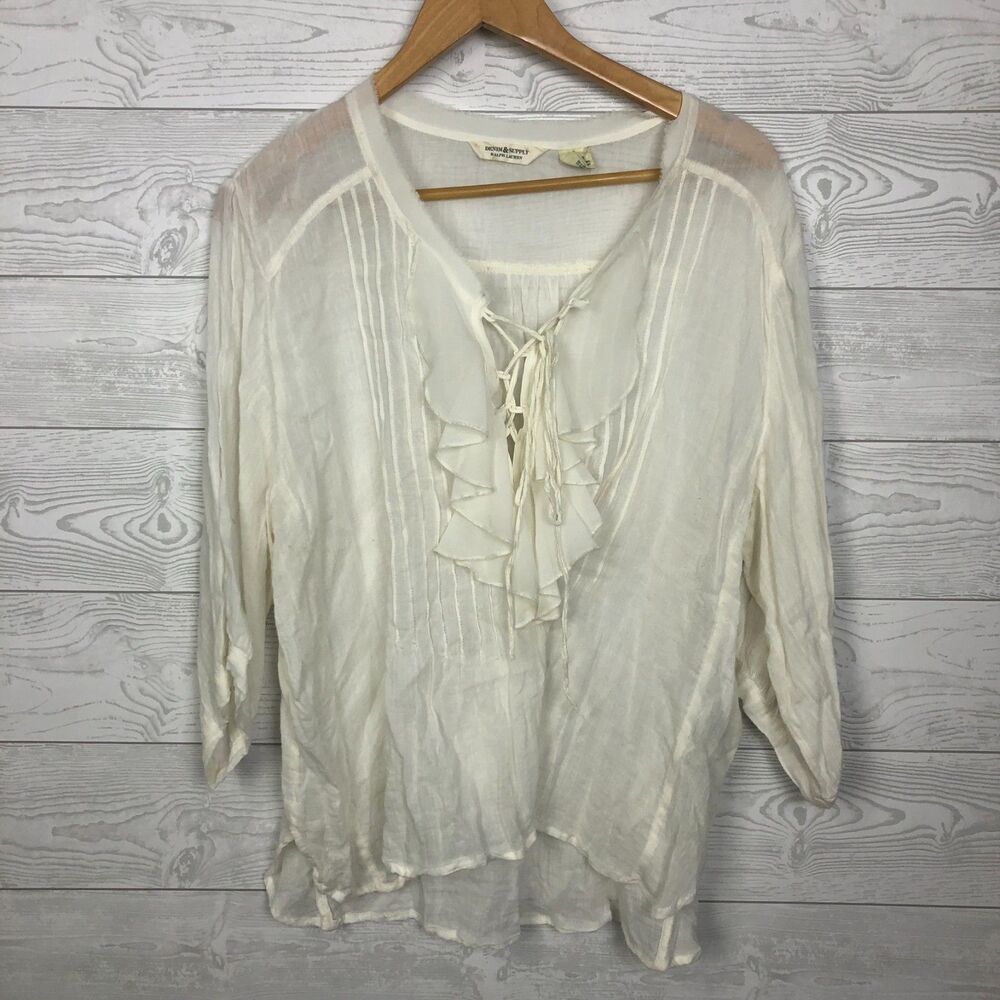 Denim & Supply Ralph Lauren Women's Large Sheer Ruffle Front Top Boho White
